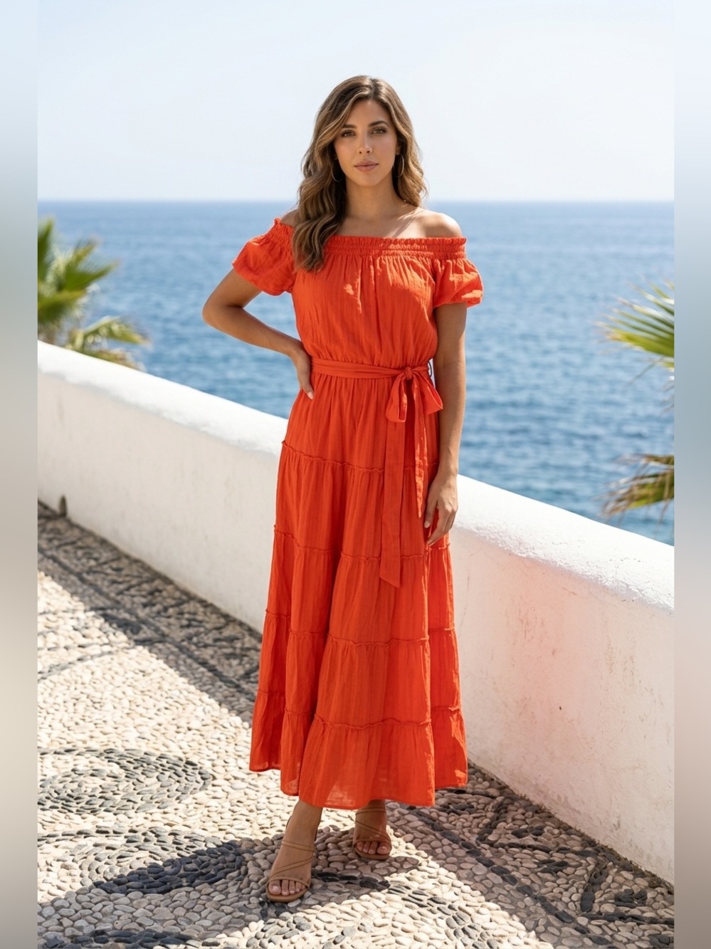 LOFT NWT Off-Shoulder Vibrant Orange-Red Maxi Dress with Belt - Picture 2 of 12